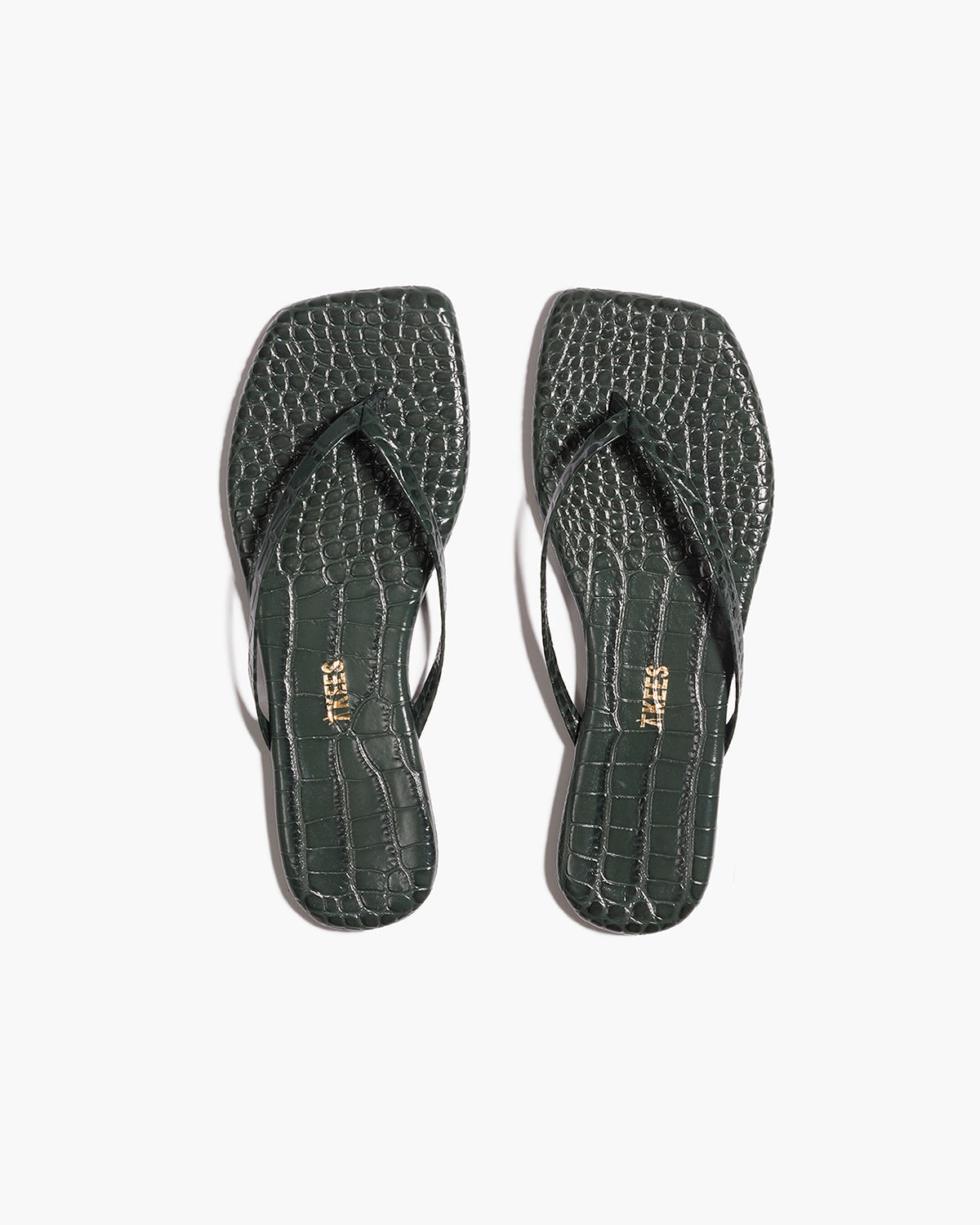 Square Toe Lily Croc Leather Flip Flops in Emerald | TKEES Special Offer