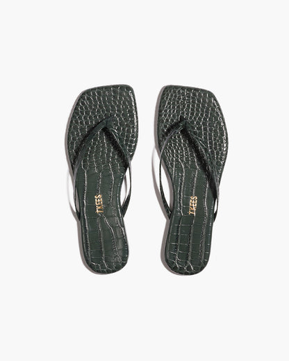 Square Toe Lily Croc Leather Flip Flops in Emerald | TKEES Special Offer