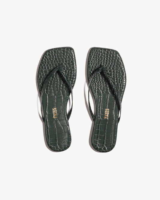 Square Toe Lily Croc Leather Flip Flops in Emerald | TKEES Special Offer