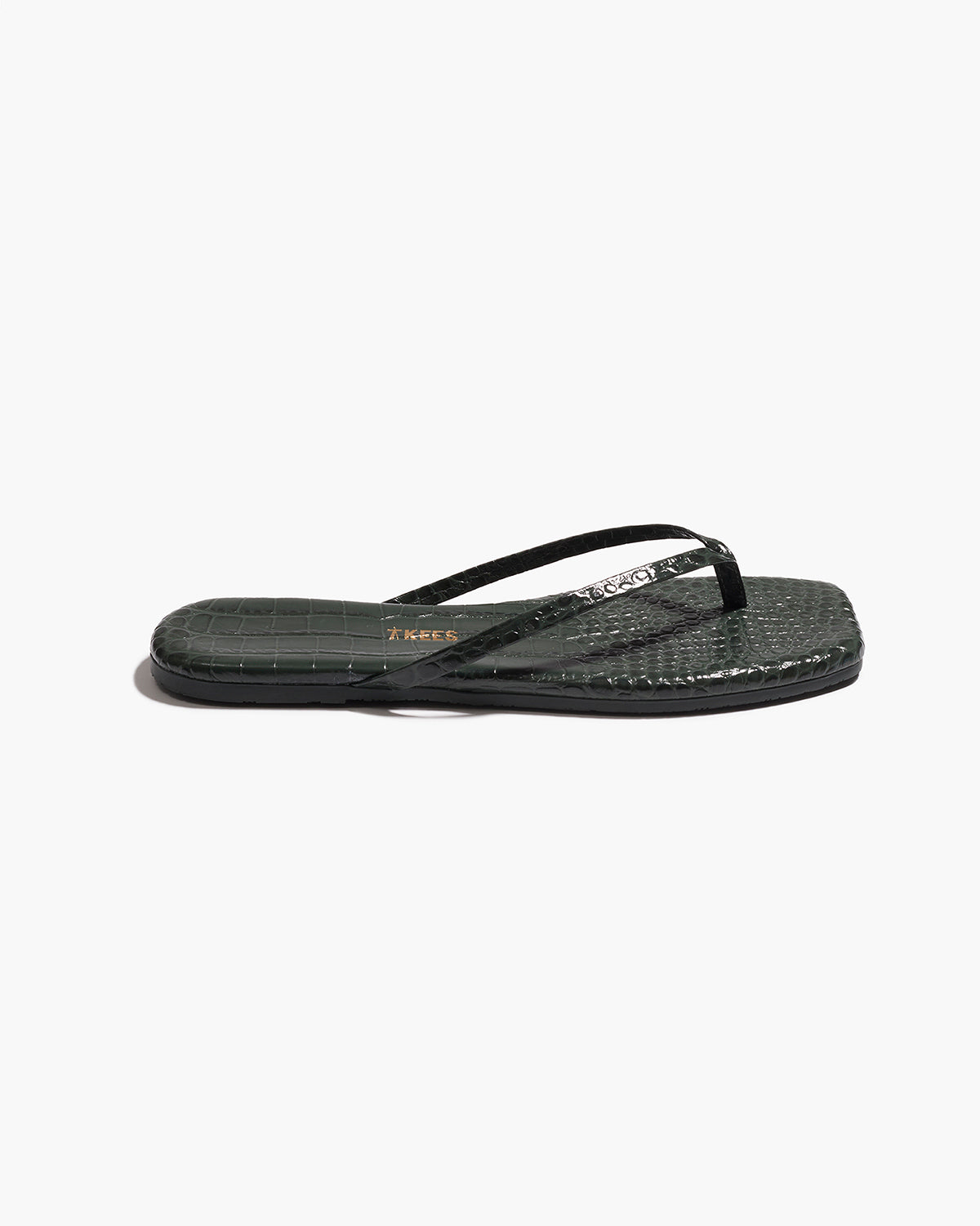 Square Toe Lily Croc Leather Flip Flops in Emerald | TKEES Special Offer