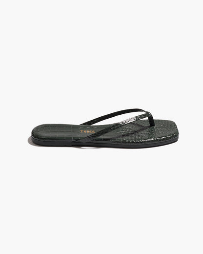 Square Toe Lily Croc Leather Flip Flops in Emerald | TKEES Special Offer