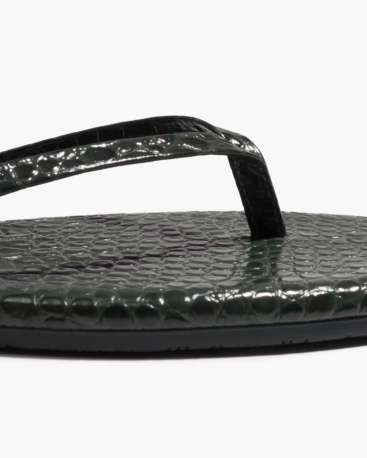 Square Toe Lily Croc Leather Flip Flops in Emerald | TKEES Special Offer