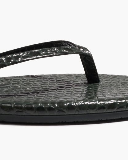 Square Toe Lily Croc Leather Flip Flops in Emerald | TKEES Special Offer