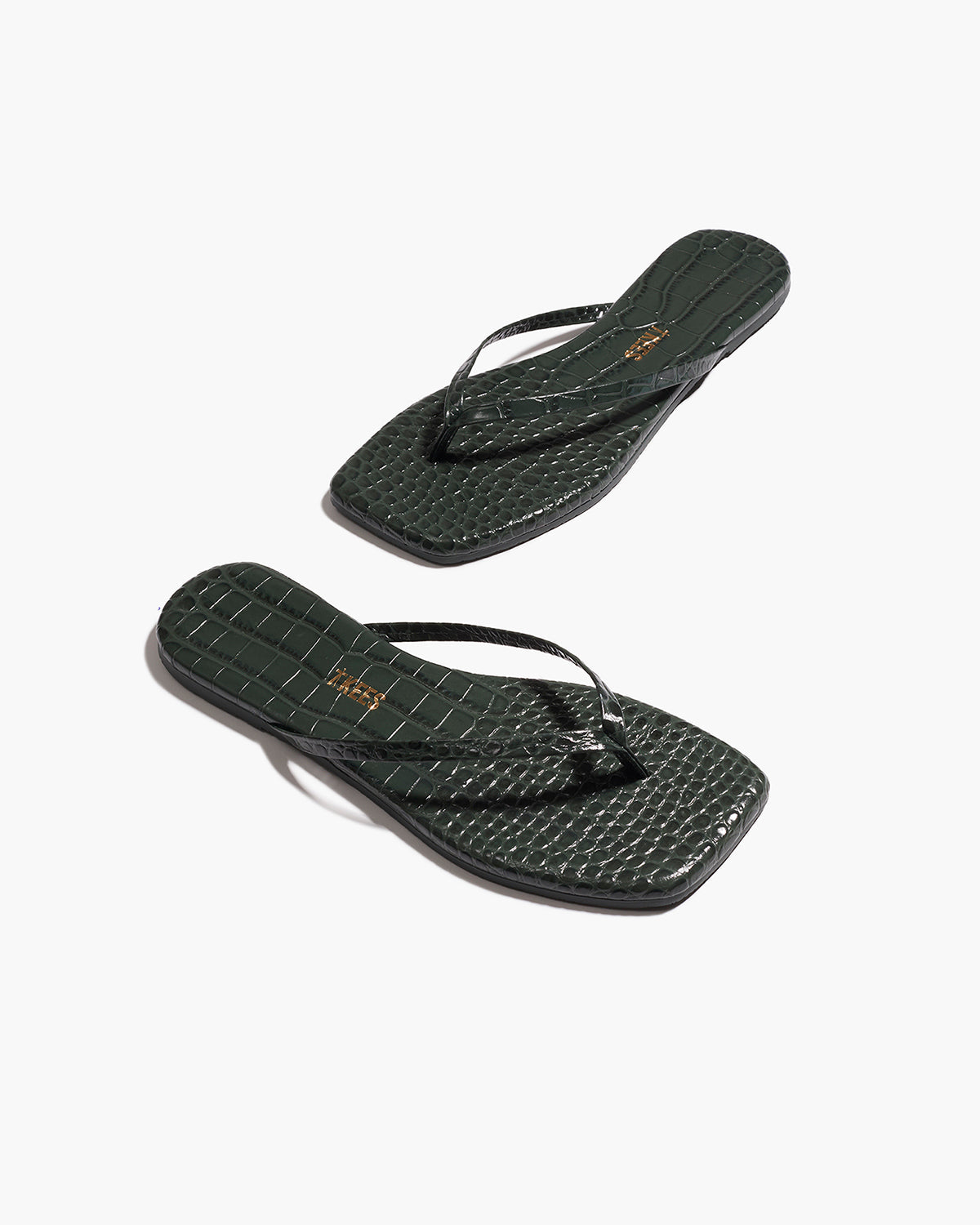 Square Toe Lily Croc Leather Flip Flops in Emerald | TKEES Special Offer