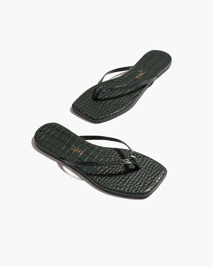 Square Toe Lily Croc Leather Flip Flops in Emerald | TKEES Special Offer