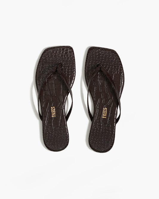 Square Toe Lily Croc Leather Flip Flops in Carob | TKEES Hot Sale