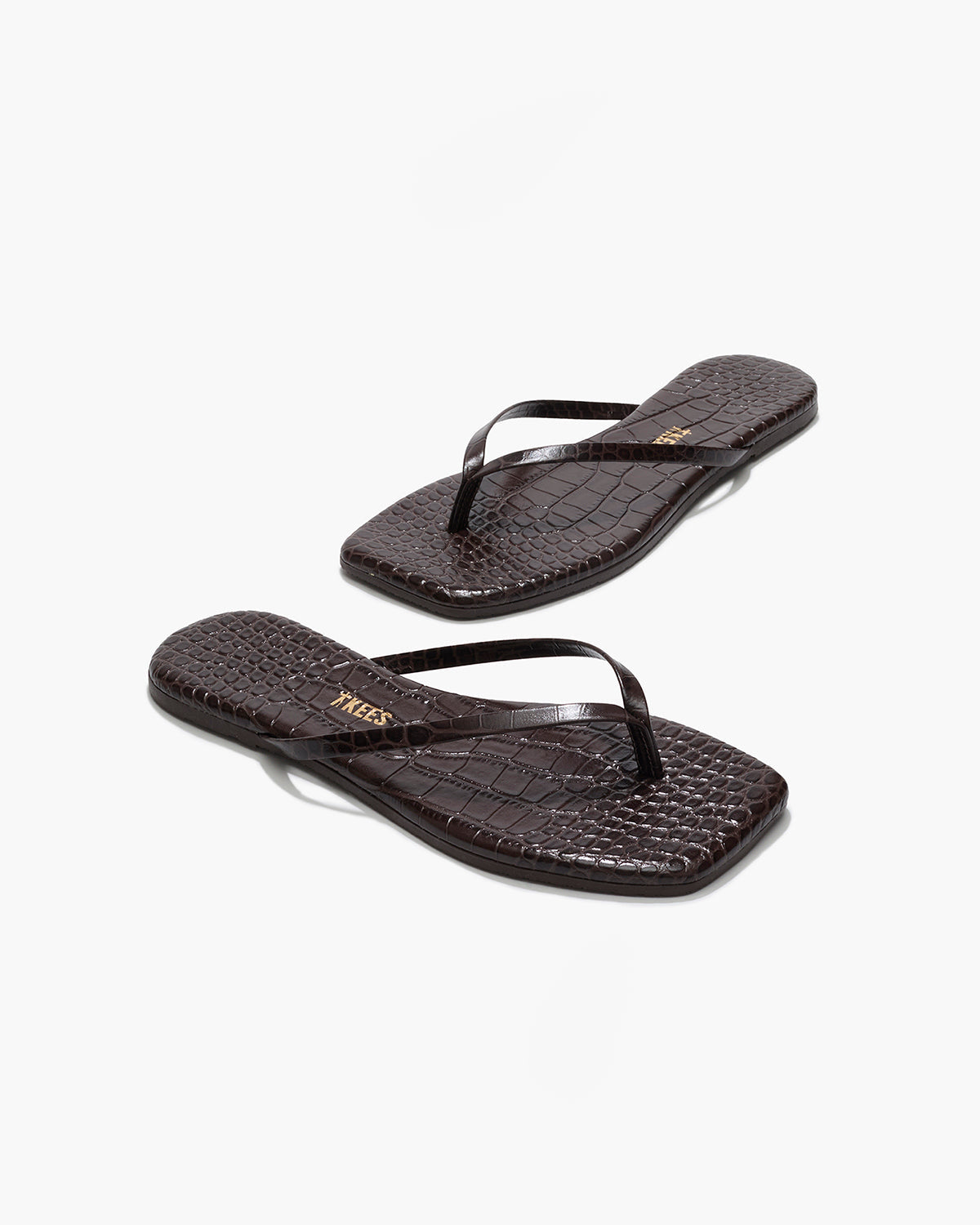 Square Toe Lily Croc Leather Flip Flops in Carob | TKEES Hot Sale