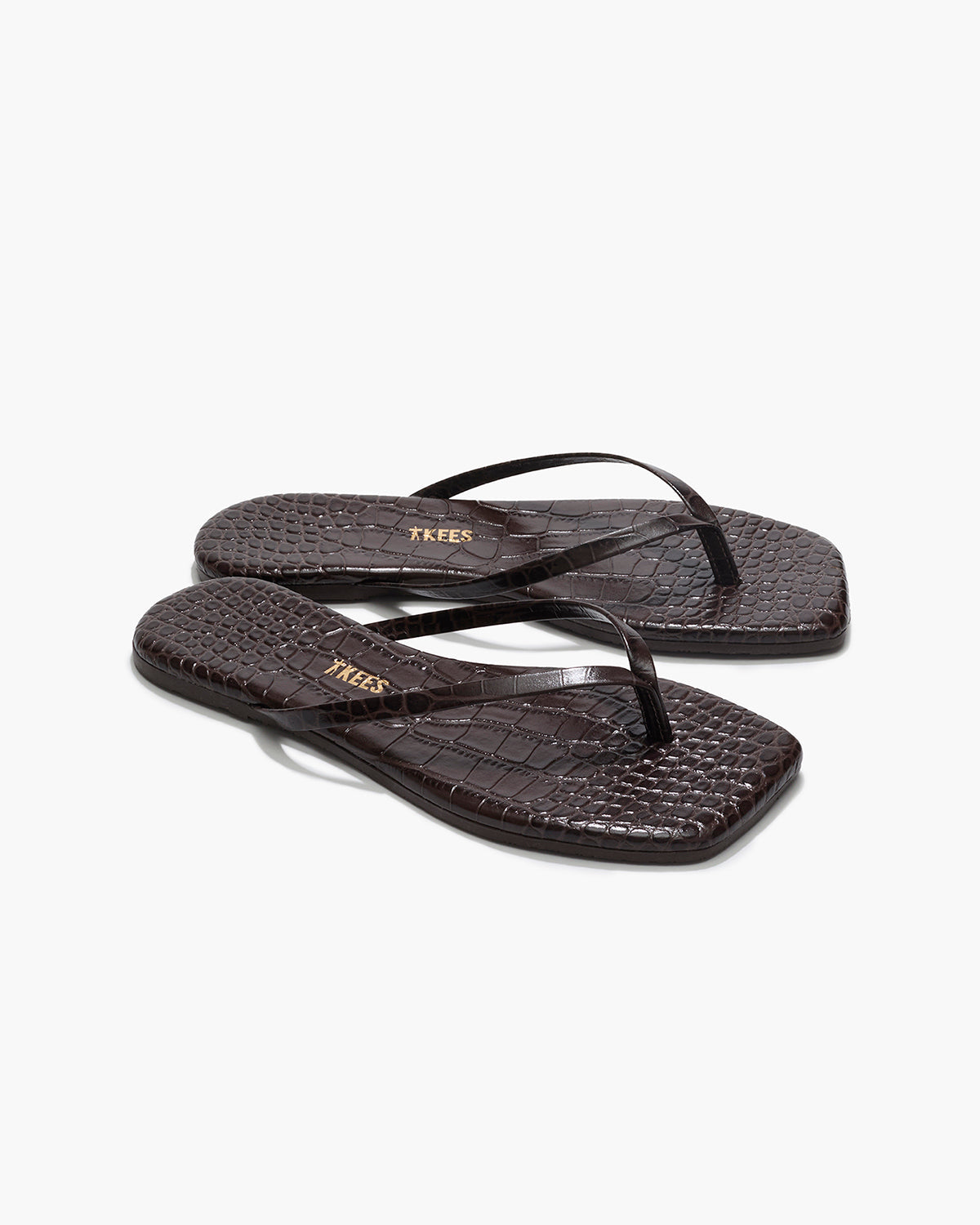 Square Toe Lily Croc Leather Flip Flops in Carob | TKEES Hot Sale
