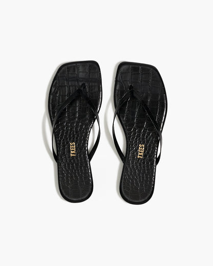 Square Toe Lily Croc Leather Flip Flops in Sable | TKEES Great Value