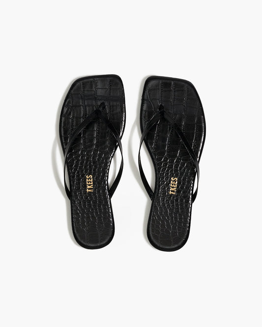 Square Toe Lily Croc Leather Flip Flops in Sable | TKEES Great Value