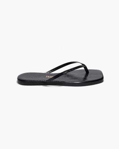 Square Toe Lily Croc Leather Flip Flops in Sable | TKEES Great Value