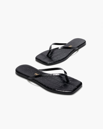 Square Toe Lily Croc Leather Flip Flops in Sable | TKEES Great Value