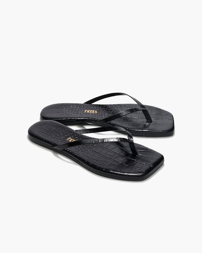 Square Toe Lily Croc Leather Flip Flops in Sable | TKEES Great Value