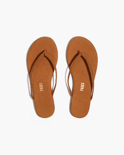 Lily Braid Leather Flip Flops in Camel | TKEES Premium