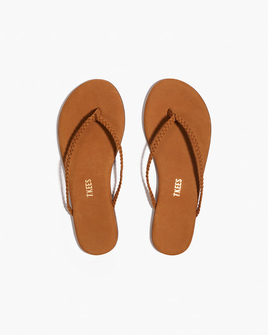 Lily Braid Leather Flip Flops in Camel | TKEES Premium