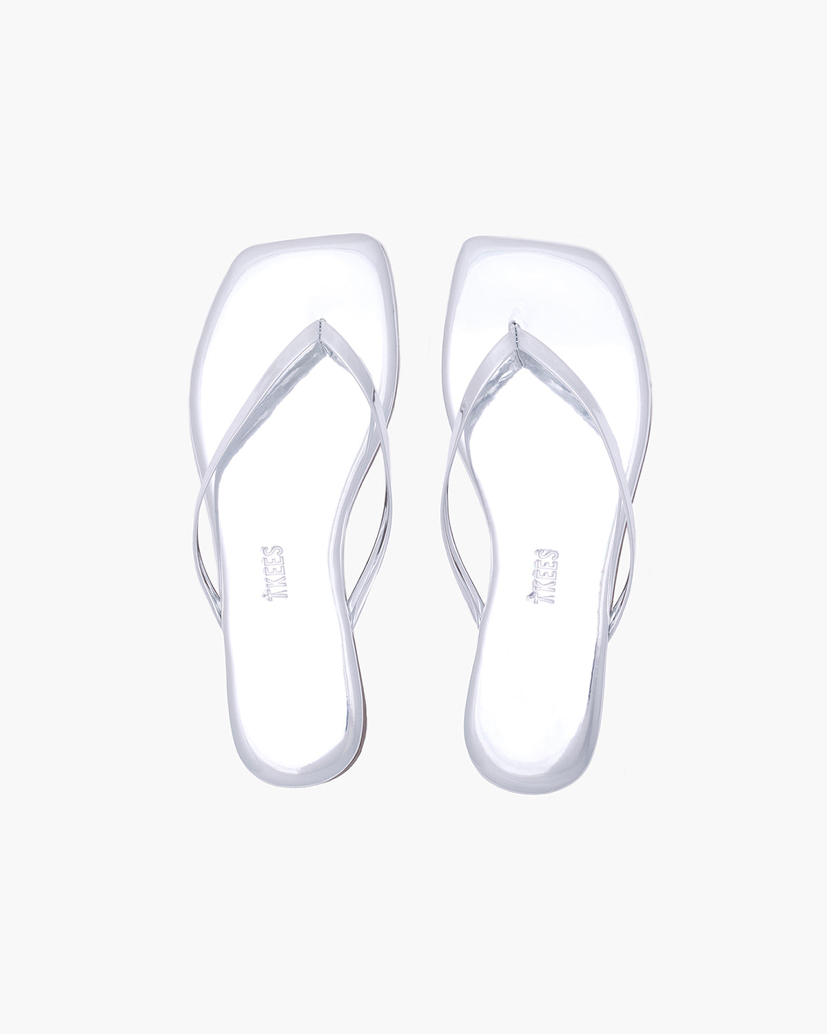 Square Toe Lily Mirror Leather Flip Flops in Chrome | TKEES Exclusive