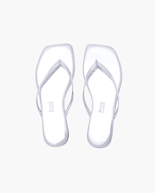 Square Toe Lily Mirror Leather Flip Flops in Chrome | TKEES Exclusive