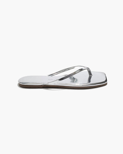Square Toe Lily Mirror Leather Flip Flops in Chrome | TKEES Exclusive