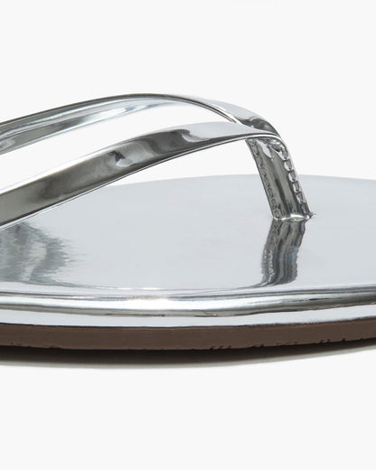 Square Toe Lily Mirror Leather Flip Flops in Chrome | TKEES Exclusive