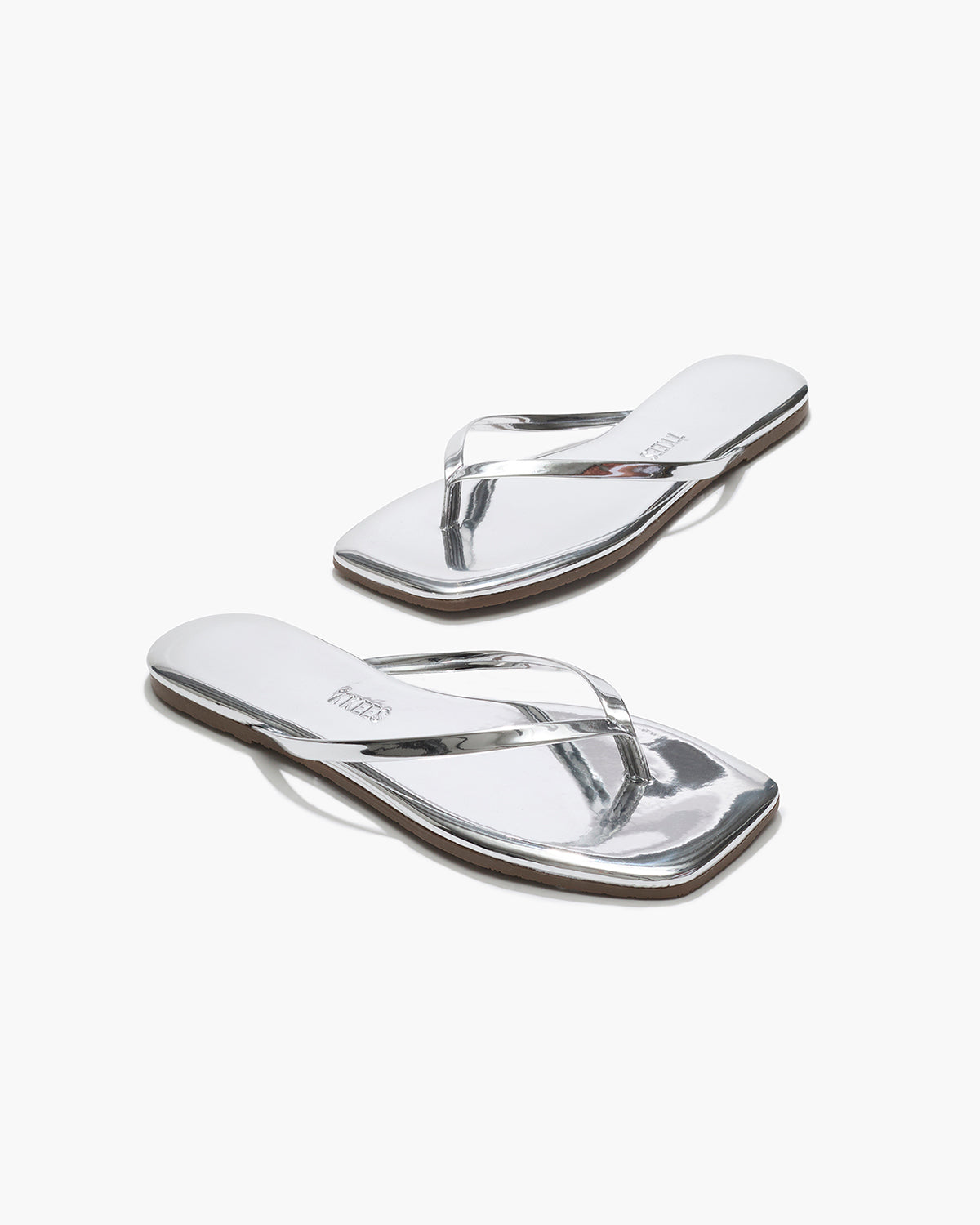 Square Toe Lily Mirror Leather Flip Flops in Chrome | TKEES Exclusive
