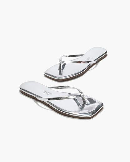 Square Toe Lily Mirror Leather Flip Flops in Chrome | TKEES Exclusive
