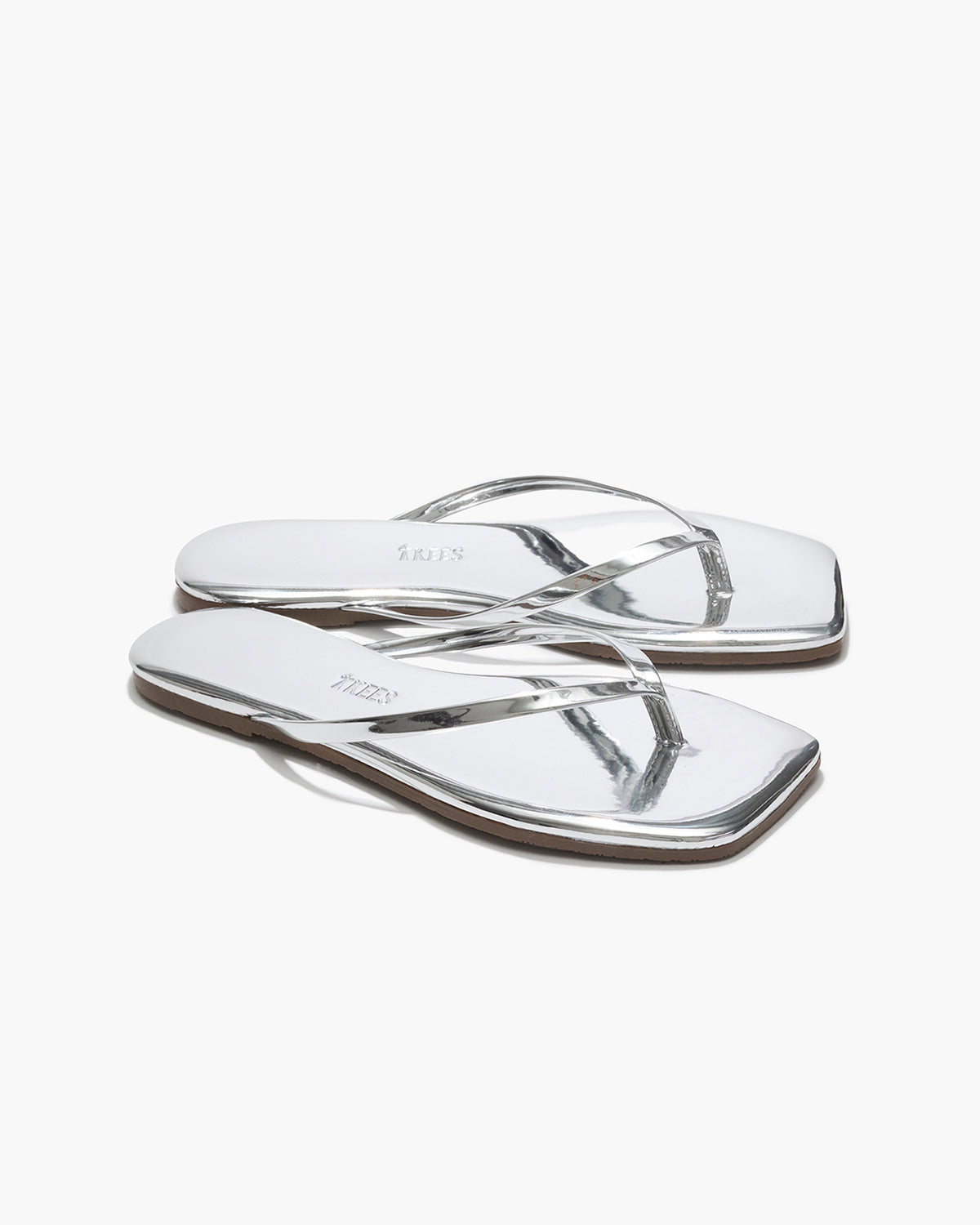 Square Toe Lily Mirror Leather Flip Flops in Chrome | TKEES Exclusive
