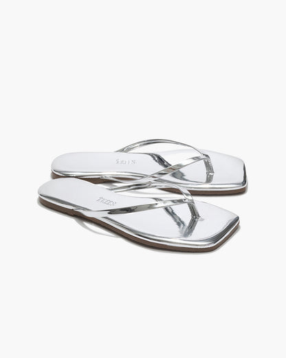 Square Toe Lily Mirror Leather Flip Flops in Chrome | TKEES Exclusive