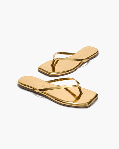 Square Toe Lily Mirror Leather Flip Flops in Gold | TKEES Exclusive