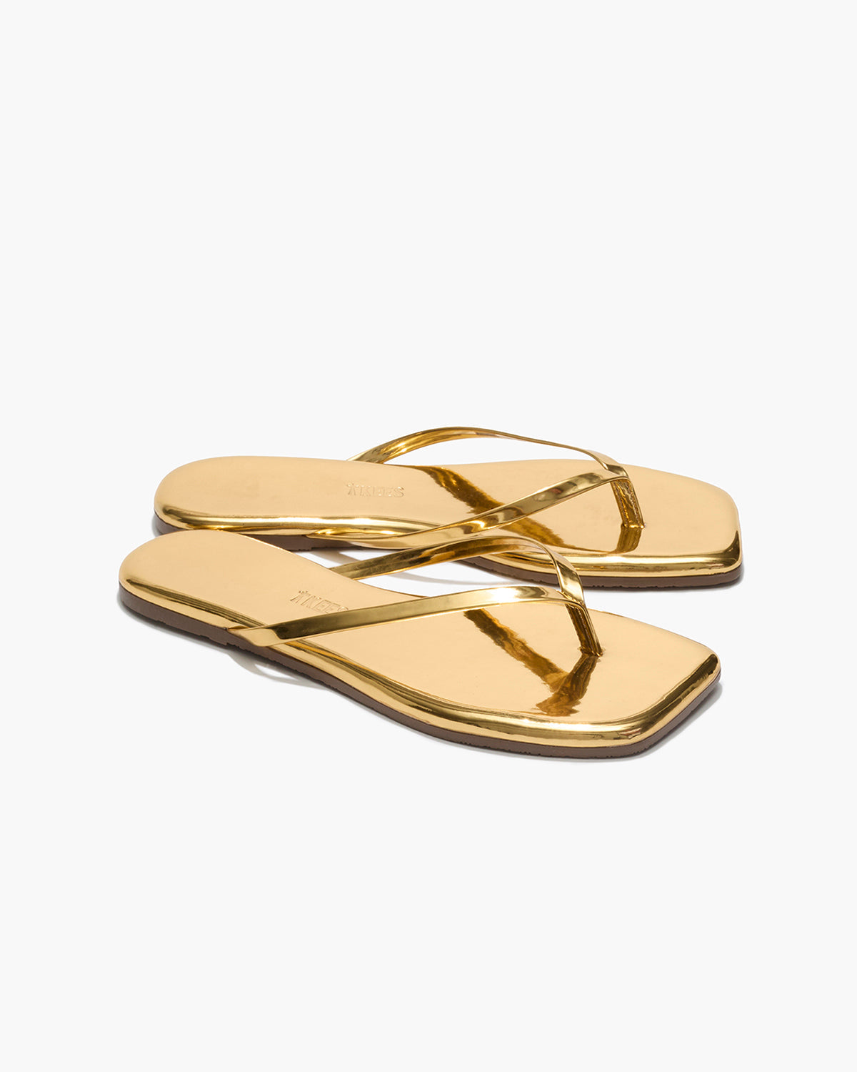 Square Toe Lily Mirror Leather Flip Flops in Gold | TKEES Exclusive