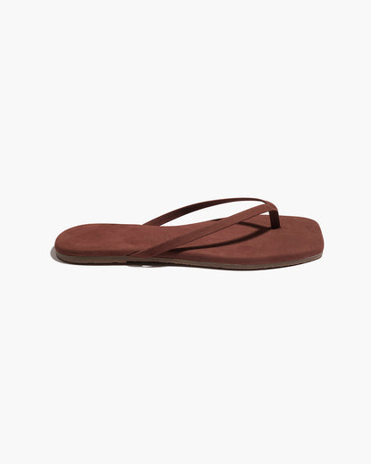 Square Toe Lily Suede Flip Flops in Bourbon | TKEES Value