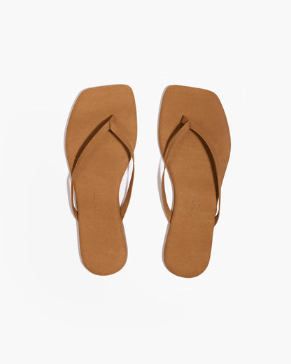 Square Toe Lily Suede Flip Flops in Camel | TKEES Top Pick