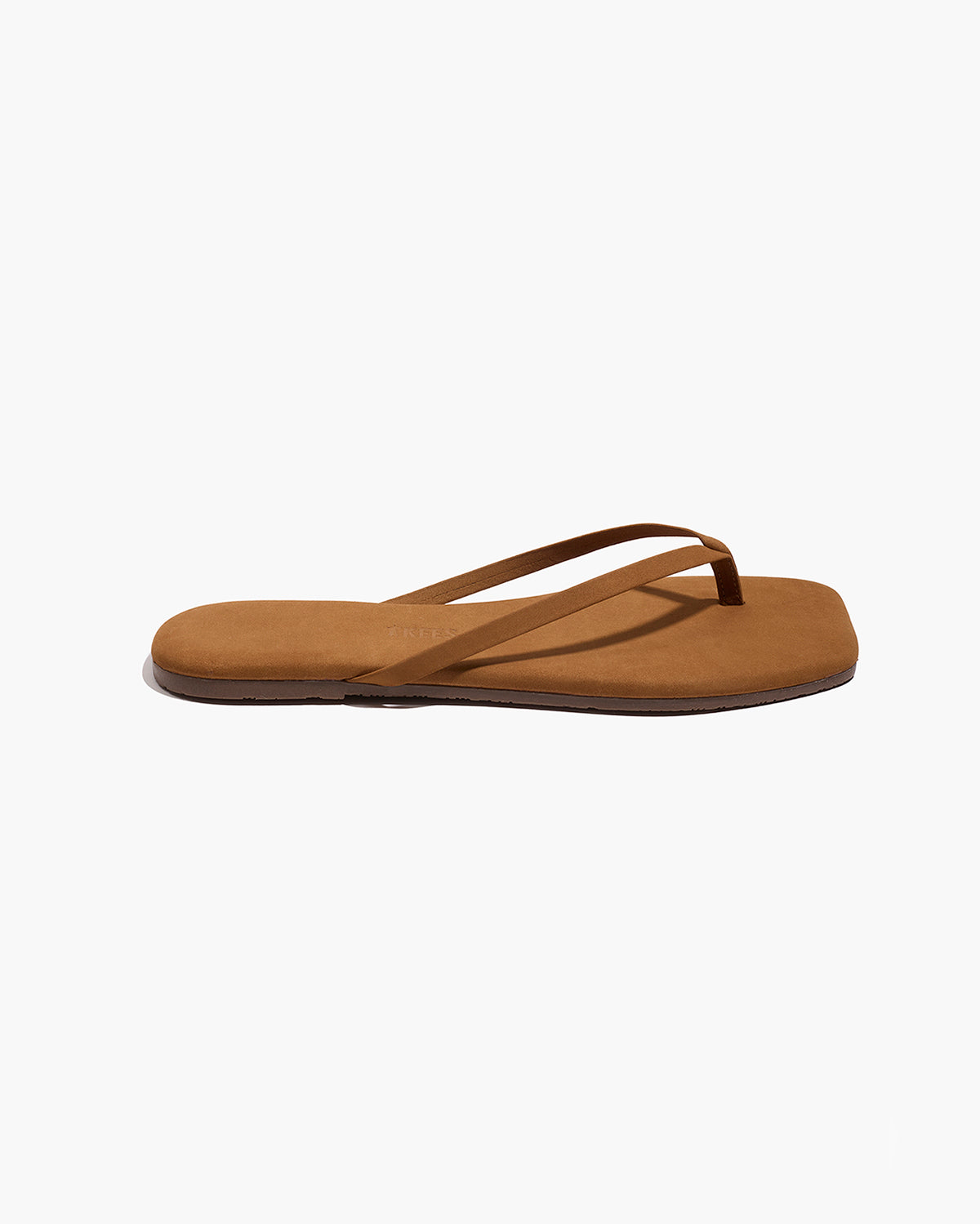 Square Toe Lily Suede Flip Flops in Camel | TKEES Top Pick