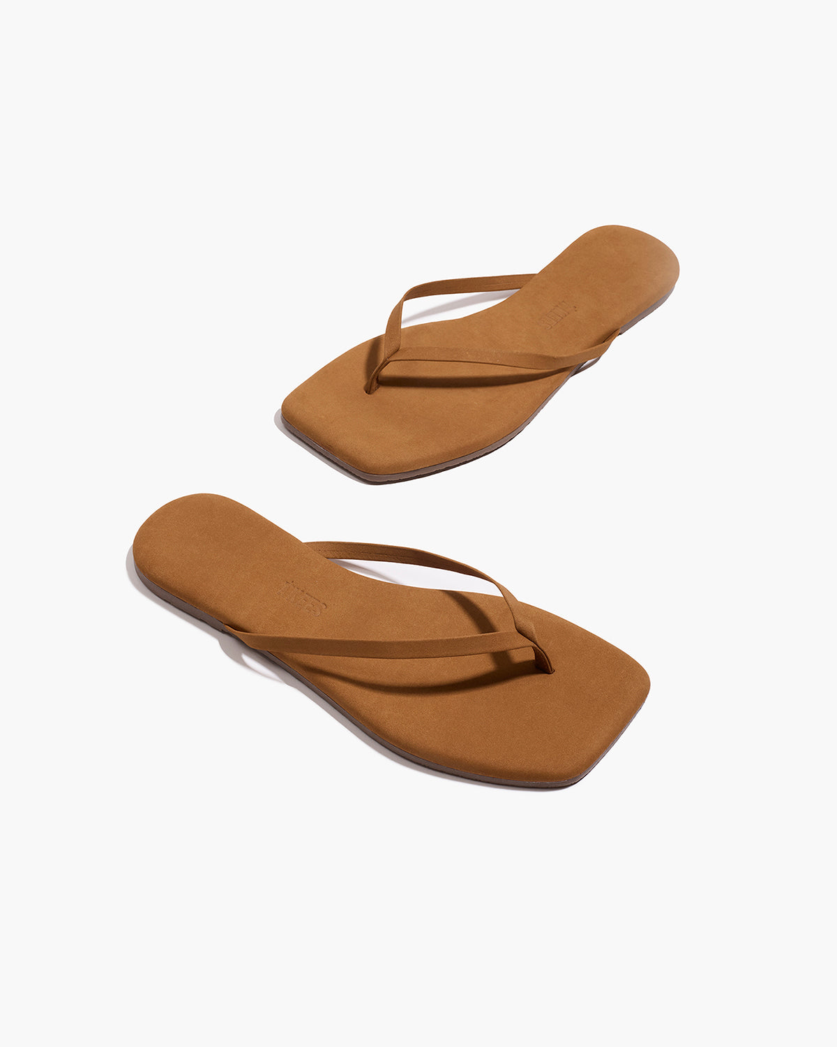 Square Toe Lily Suede Flip Flops in Camel | TKEES Top Pick