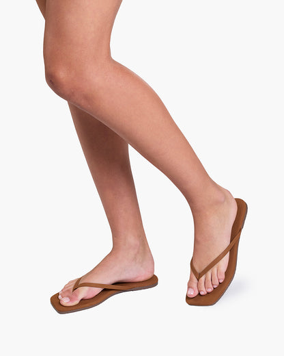 Square Toe Lily Suede Flip Flops in Camel | TKEES Top Pick