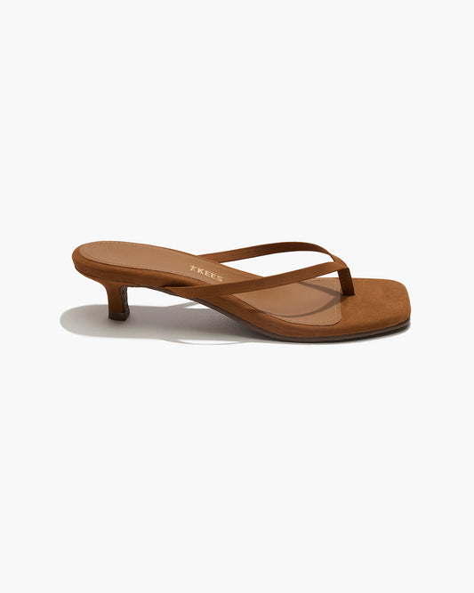 Square Toe Julia Suede Flip Flops in Camel | TKEES Featured