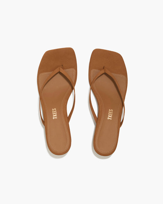 Square Toe Julia Suede Flip Flops in Camel | TKEES Featured
